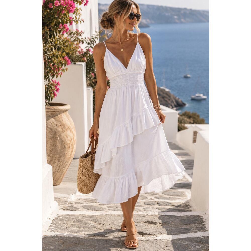 Sea Spice Resort Wear Dress S White Peruvian Cotton Boho Smocked Ruffle Midi